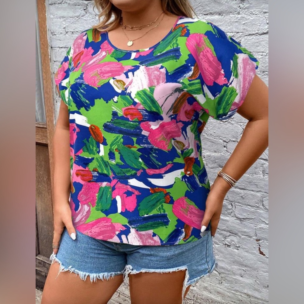 Women’s Boho Everyday Brushstroke Print Short Sleeve Blouse! Size 3XL.
